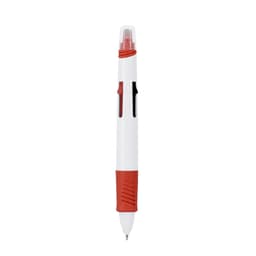 A multicoloured pen featuring a white body with red accents and a branding logo.