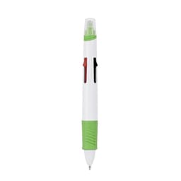 A multicoloured pen featuring green, red, and black components, with a white barrel and an integrated logo.
