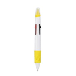 A multicoloured pen featuring red, black, and yellow with a white body and a textured grip. It has a logo visible.