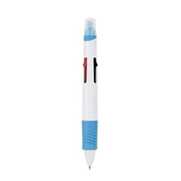 A multicoloured pen featuring red, blue, and black ink with a white and blue body and a logo on the side.