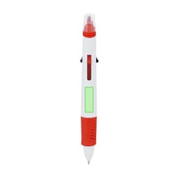 A multicoloured pen featuring red, white, and green elements, with a logo on its body.