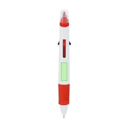 A multicoloured pen featuring red, white, and green elements, with a logo on the surface.