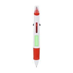 A multicoloured pen featuring red, white, and green sections, with a clip and a logo.