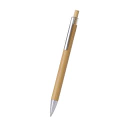 A wooden pen with a natural bamboo finish and silver accents, featuring a clip for attachment.