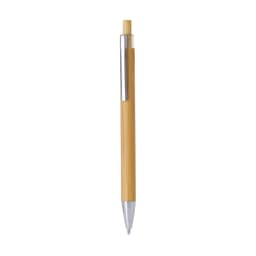 A wooden pen with a bamboo body and silver accents, featuring a simple design and a clip.