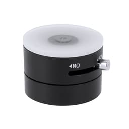 A black and white car phone holder with a rotating knob and an embedded light feature. It has a logo on its surface.