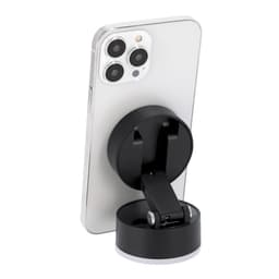 A black car phone holder attaches to a smartphone, featuring a flexible arm for adjustable positioning.