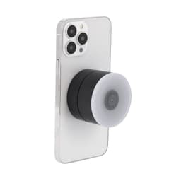 A black car phone holder attaches to a smartphone's back, featuring a round design with a white accent.
