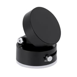 A black car phone holder with a round mount and adjustable angle, featuring a silver base and a control knob.