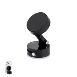 A black car phone holder with a magnetic disc and adjustable arm, featuring a base and a compact design.