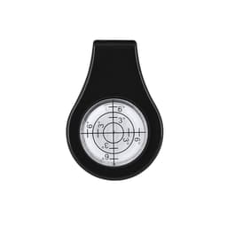 A black ball marker with a circular centre featuring degree markings. It has a simple, sleek design and branding.