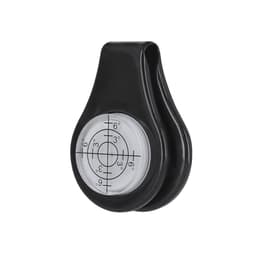 A black golf ball marker with a circular design featuring measurement markings. It has a logo on it.