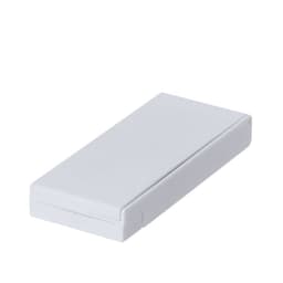 A white rectangular box with a smooth surface and rounded edges. It has a simple design and a hinged lid.