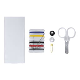A sewing kit featuring various coloured threads, buttons, scissors, and a safety pin, all in a white box.