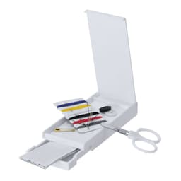 A sewing kit featuring scissors, threads in various colours, needles, a button, and a safety pin, all in a white case.