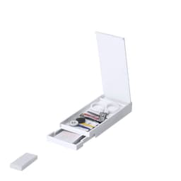 A white multi-tool kit containing various tools, including scissors, a mini screwdriver, and a needle.