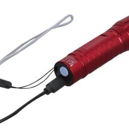 A red torch with a textured body and a loop for attaching to keyrings or tools. It features a branding logo.