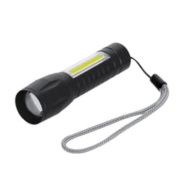 A black torch with a textured grip and a wrist strap, featuring a bright light section for illumination.