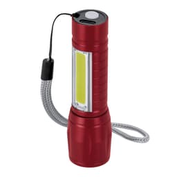 A red torch with a textured surface, featuring a bright light panel and a wrist strap. It has a logo on the side.