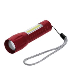 A red torch with a textured grip, featuring a clear window and a wrist strap for easy carrying.