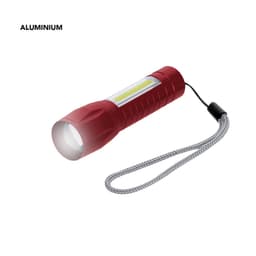 A red aluminium torch with a textured grip and a wrist strap. It features a bright light and a compact design.
