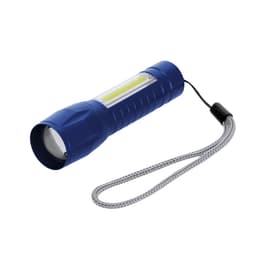 A blue torch with a textured grip and a lanyard, featuring a clear side panel.