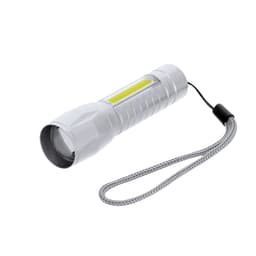 A white flashlight with a textured grip and a wrist strap. It includes a logo on the body.