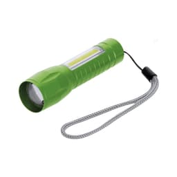 A green torch with a textured grip and a wrist strap, featuring a clear side panel.