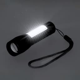 A black torch with a white light, featuring a wrist strap and sleek design. It has a branding logo.