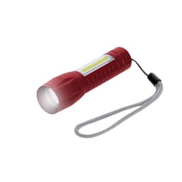 A red torch with a textured grip and a wrist strap, featuring a bright front light and side panel.