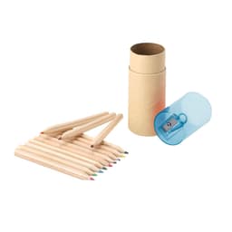 A set of coloured pencils in a range of hues, packaged in a cardboard cylinder with a sharpener.