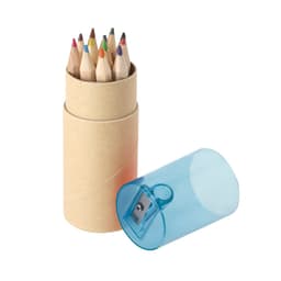 A container with coloured pencils in various hues, alongside a translucent blue sharpener.