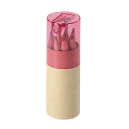 A cylindrical gift set featuring several coloured pencils, with a transparent pink sharpener lid and a cardboard base.