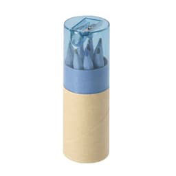 A cylindrical container with a blue lid holding several blue-coloured pencils, packaged in a minimalist design.