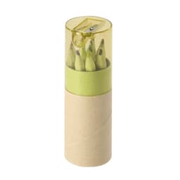 A set of coloured pencils in a cylindrical container with a yellow lid and a brown base, featuring a sharpener.