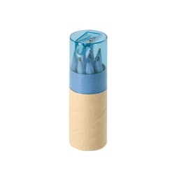 A cylindrical container with a blue lid holding several coloured pencils. The base is made of brown cardboard.