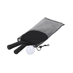 Beach rackets in black with a white ball, packed in a black mesh carry bag. Ideal for outdoor leisure activities.