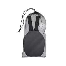 A black mesh bag containing two black beach rackets and a white ball. The bag features a drawstring closure.
