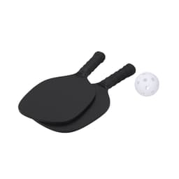 Two black beach rackets with textured handles and a white ball. The product features a logo branding on the rackets.