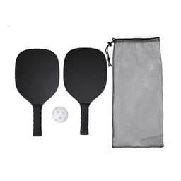 Two black beach rackets, a black and white ball, and a mesh carry bag.