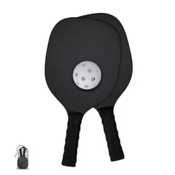Two black beach rackets with a white perforated ball, accompanied by a storage bag.
