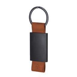 A black and brown Versat Keyring featuring a sleek metal body attached to a leather strap, with a logo on the strap.