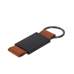 A black and tan keyring featuring a sleek rectangular design and a metal ring for keys.