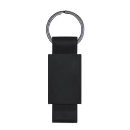 A black Versat Keyring with a metal ring and a leather strap, featuring an area for branding.