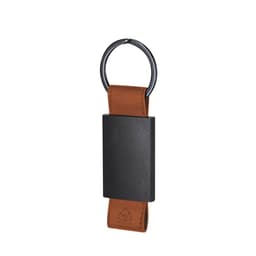 A keyring featuring a brown leather strap and a black metal rectangular tag, with a keyring attachment.