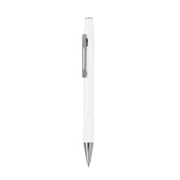 A white metal pen with a chrome clip and a smooth writing tip. The pen features branding on its body.