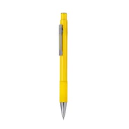 A yellow metal pen with a textured grip and a silver clip, featuring a brand logo.