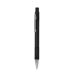 A black metal pen with a silver clip and textured grip, featuring branding on the body.