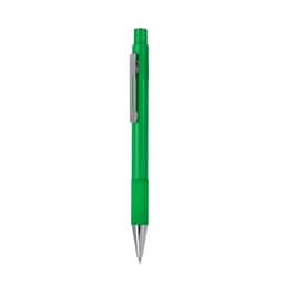 A green metal pen with a silver clip and a textured grip. It features a branding logo.
