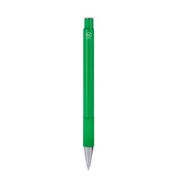 A green metal pen with a textured grip and a silver tip, featuring a logo on its surface.